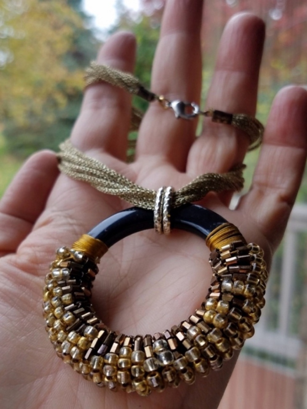 Black & Matte Gold Bronze Beaded Large Circle Statement Pendant Necklace NWT
